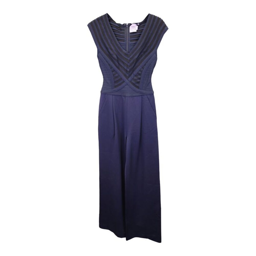 Herve Leger Striped V-neck Jumpsuit in Navy Blue Rayon